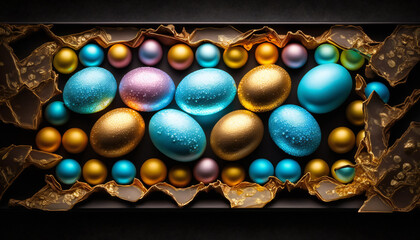 Chocolate Easter background template with Easter eggs - Greetings and presents for Easter Day - Copy Space - Generative AI	
