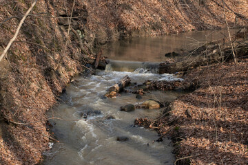 Creek with small waterfall in winter forest