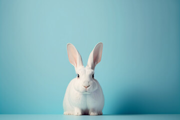 Obraz premium Blue Easter background template with Easter eggs - Greetings and presents for Easter Day - Copy Space - Generative AI 