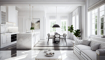 Luxurious White Kitchen and Dining Room, opulent, spacious, white marble countertops, elegant furnishings, during a sunny day