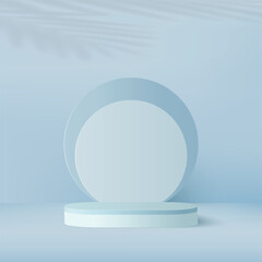 3d blue color podium and minimal blue color wall scene. 3d podium minimal abstract background. Pastel color abstract room design. Vector