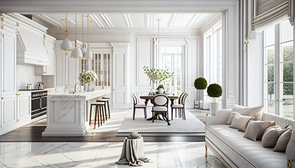Fototapeta na wymiar Luxurious White Kitchen and Dining Room, opulent, spacious, white marble countertops, elegant furnishings, during a sunny day