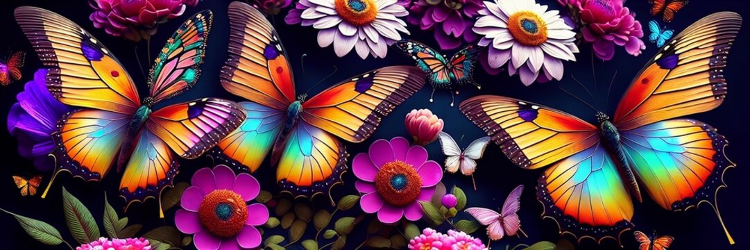 Fototapeta Multicolored butterflies flying around bright abstract flowers on a black background with a blue sky in the background, computer generated graphics, psychedelic art. Generative AI