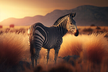 Zebras in the African savanna against a beautiful sunset.Generative AI.