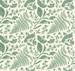 Seamless pattern fabric. Beautiful blooming realistic isolated flowers plant. Vintage background. Set Fern Hemlock. Wallpaper baroque. Drawing engraving tropical exotic. Vector victorian illustration.