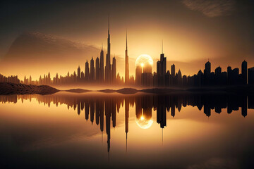 Fototapeta na wymiar City skyline with skyscrapers in magic sunset, with water reflection. Generative ai.
