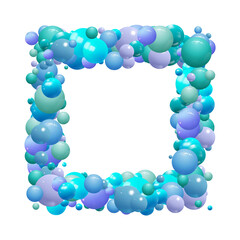 Background with render 3d color balls. Round Sphere of geometric objects, pearl made of metal and plastic. Template with social media story, social networks. vector illustration. Blue frame. eps 10