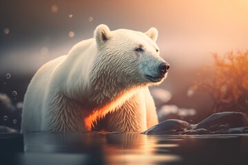 Polar bear in the water during the day. Generative AI