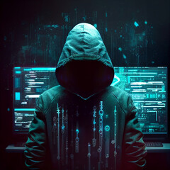 hacker attack, a man in a hood without a face, information protection, surrounded by computers. created using Generative All Technology