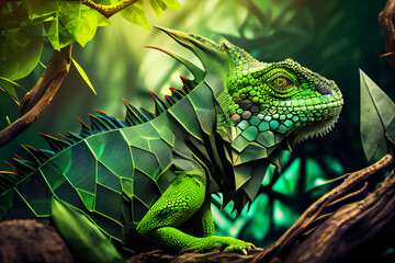 Beautiful abstract surreal geometric green iguana concept, contemporary colors and mood social background. - obrazy, fototapety, plakaty