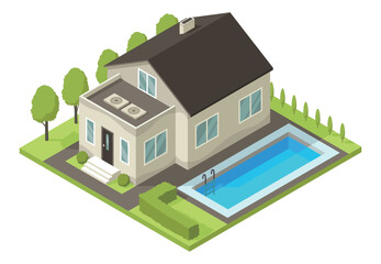 Isometric cottage. Suburb house composition with swimming pool and lawn vector illustration. Infographic element representing suburban building. Private house enterprises of real estate