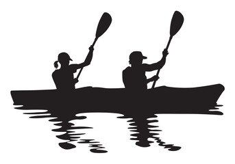 A vector silhouette of a male and female "flat water" kayaking together in a tandem kayak.