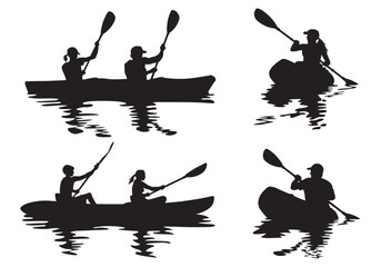 2 vector silhouettes of a male and female "flat water" kayaking together in a tandem kayak. 2 Vector Silhouettes of a man kayaking and a woman kayaking in a single kayak.