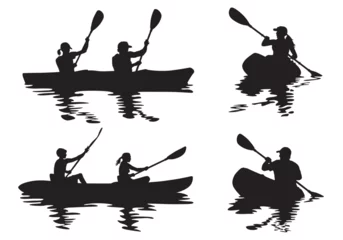 Foto op Canvas 2 vector silhouettes of a male and female "flat water" kayaking together in a tandem kayak. 2 Vector Silhouettes of a man kayaking and a woman kayaking in a single kayak. © LUGOSTOCK