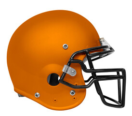A side view of a orange & black American football helmet with a transparent background.