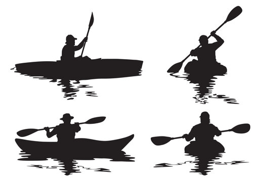 4 vector silhouettes of a man "flat water" kayaking with a silhouette reflection. 