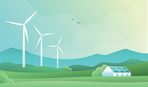 Rural spring landscape with fields, hills, wind turbine and barn or house with solar panels. Vector illustration of countryside. Green energy concept. Clean electric energy from renewable sources