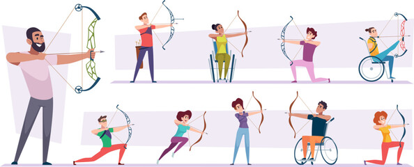 Archers. Disability sport characters shooting to aim exact vector people in cartoon style