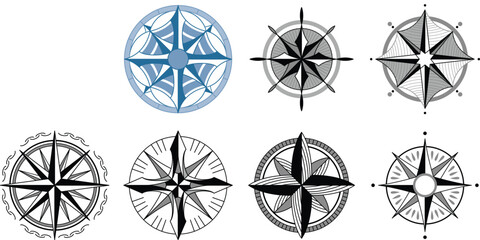 Wind rose compass. Navigation device with indication of the cardinal directions. Sign of vector nautical compass