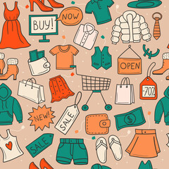Shopping pattern. Seamless background with market symbols gadgets market packages recent vector templates in doodle style