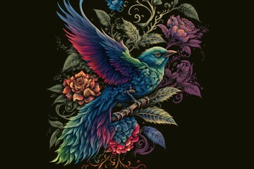 Illustration of a bird with flowers and leaves on a black background