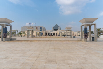 entrance of the Museum of Civilization in Cairo, on a sunny day.