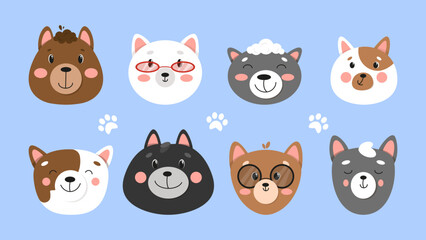 Cute cats collection, isolated, Cute pets face collection