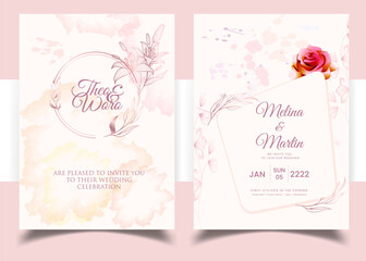 Invitation Card with beautiful blooming floral watercolor background. Elegant wedding card with beautiful floral vector. Beautiful hand drawing Wedding invitation design pink rose invitation template.
