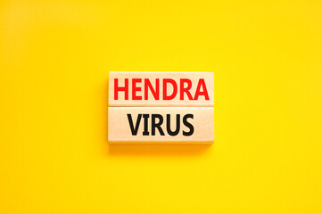 Hendra virus symbol. Concept words Hendra virus on wooden block. Beautiful yellow table yellow background. Medical hendra virus concept. Copy space.