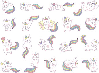 Kawaii cats. Funny happy animals fantasy unicorns in action poses recent vector illustrations set