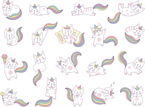 Kawaii cats. Funny happy animals fantasy unicorns in action poses recent vector illustrations set