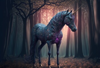 Real unicorn in a magical forest, concept of exceptional magic. Generative AI