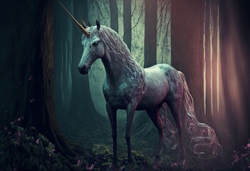 Obraz na płótnie Canvas Real unicorn in a magical forest, concept of exceptional magic. Generative AI