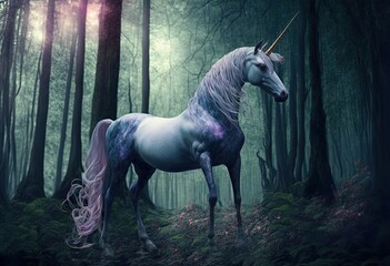 Obraz na płótnie Canvas Real unicorn in a magical forest, concept of exceptional magic. Generative AI