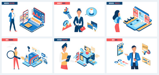 Modern processes in development of website, system information analysis set vector illustration. Cartoon tiny people with magnifying glass and phone in search of data and smart market solutions - obrazy, fototapety, plakaty