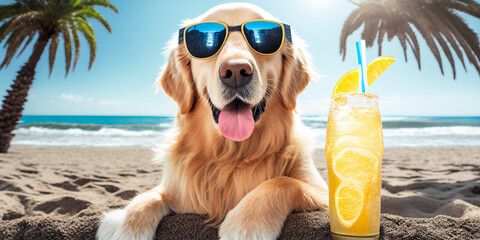 Golden retriever dog sitting on the beach with a fruity drink