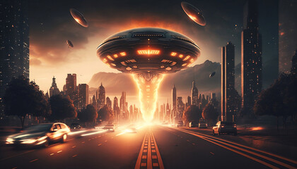 invasion UFO alien attack city - obrazy, fototapety, plakaty