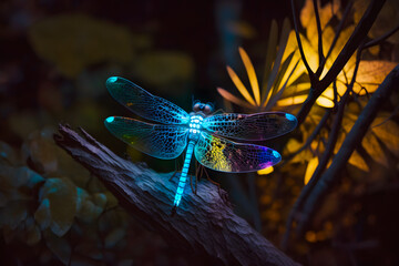 Glowing blue dragonfly sits on the grass in the night forest. Generative AI