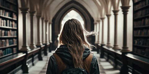 Backshot of a young woman in a library. Generative AI.