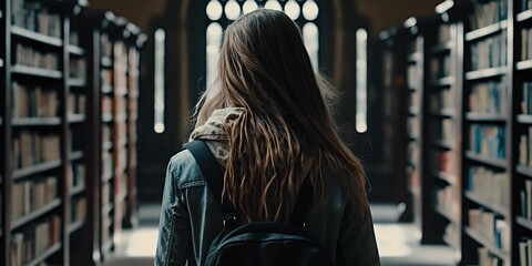 Backshot of a young woman in a library. Generative AI.