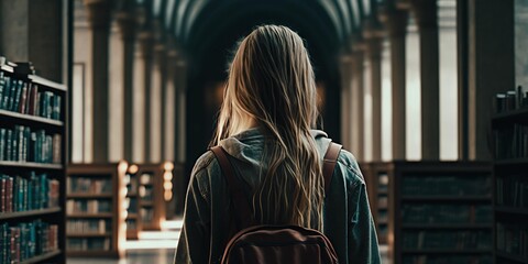 Backshot of a young woman in a library. Generative AI.
