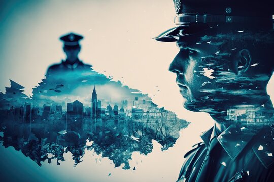 Police officer overlooking city, double exposure, abstract background.