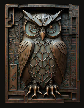 A stylized bas relief metal sculpture of a owl by generative AI