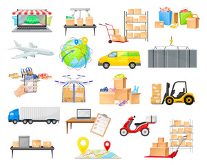 Shopping Logistics with Transport, Cardboard Box and Online Store Vector Set