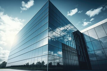 Fototapeta na wymiar Modern office building, glass building, blue sky. Generative AI.