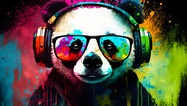  acid Pop colorful panda wearing Headphones and sunglasse 