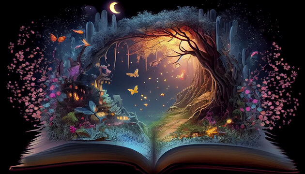 Open magic book with growing lights, magic powder, butterflies. Magic book  of elves in the fairy forest Stock Illustration