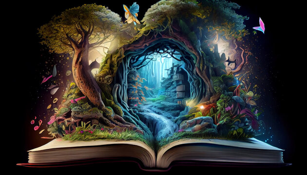 Open book revealing a stunning magical fantasy forest, fairy tale coming to life. generative AI