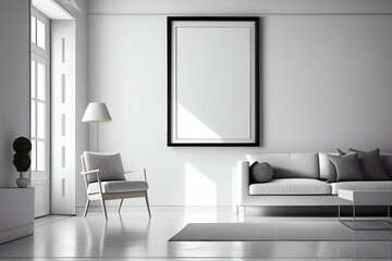 Blank frame on a wall in a modern minimalist living room. generative AI