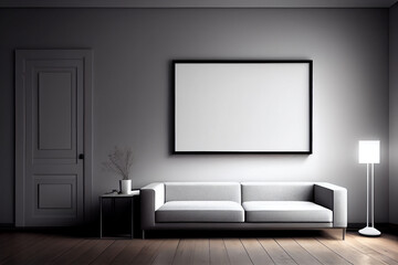 Blank frame on a wall in a modern minimalist living room. generative AI